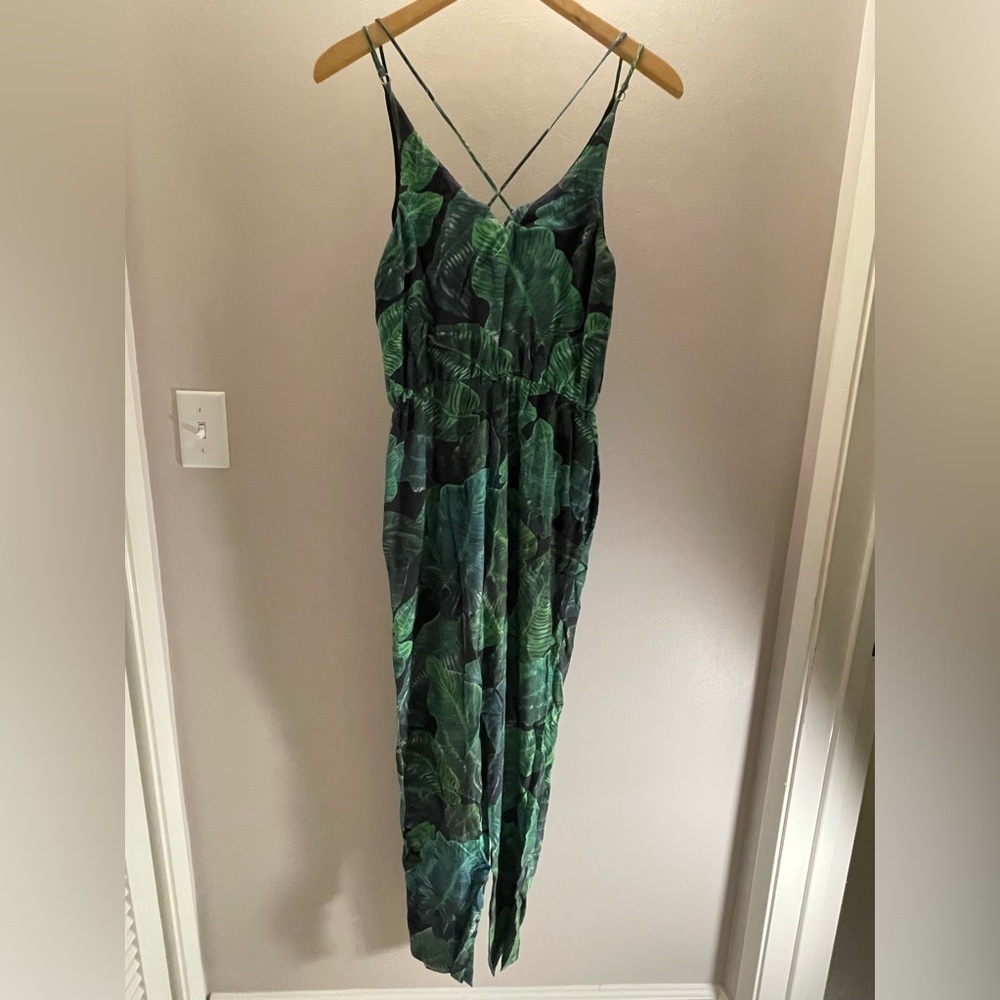 Topshop Women’s Green Palm Print Spaghetti Strap Romper Jumpsuit Size 4